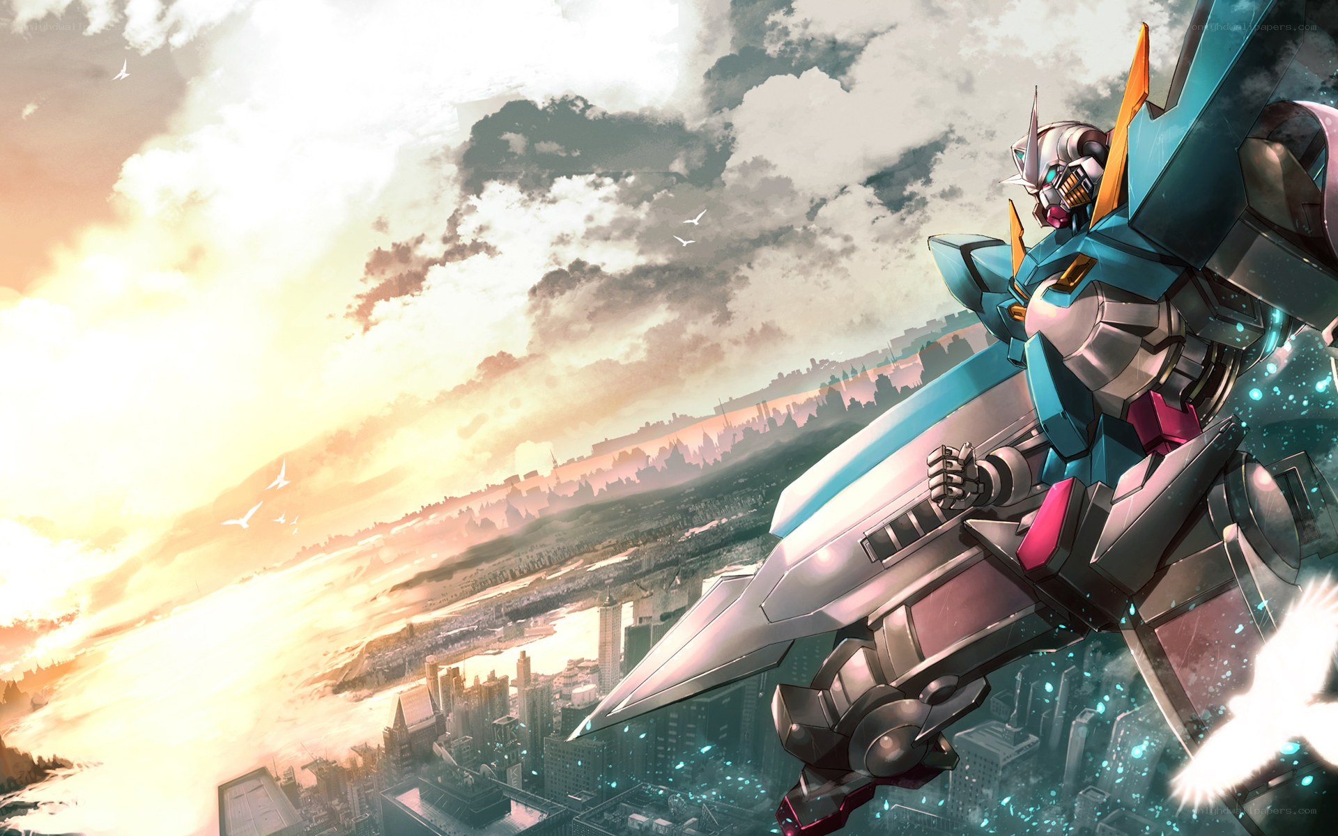 Gundam over city at sunset