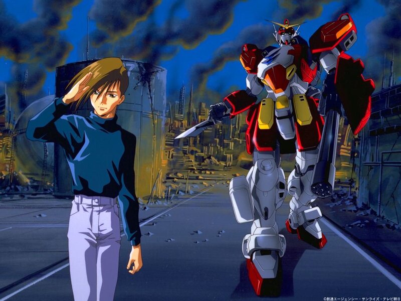 Gundam pilot salutes in war zone