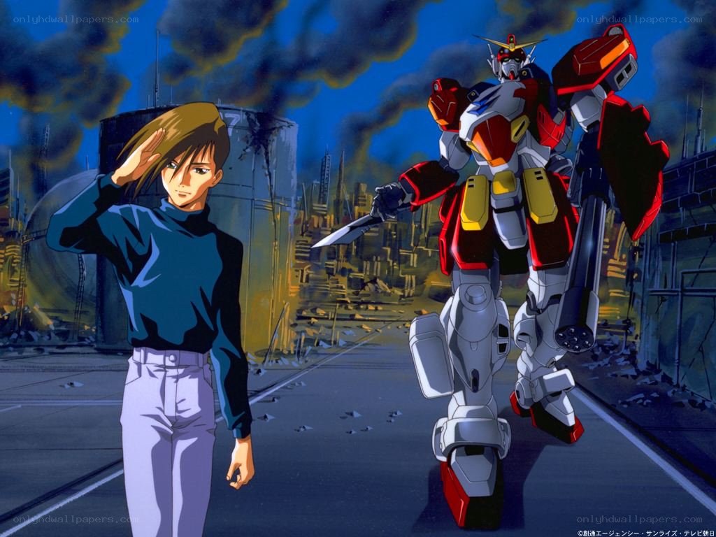 Gundam pilot salutes in war zone