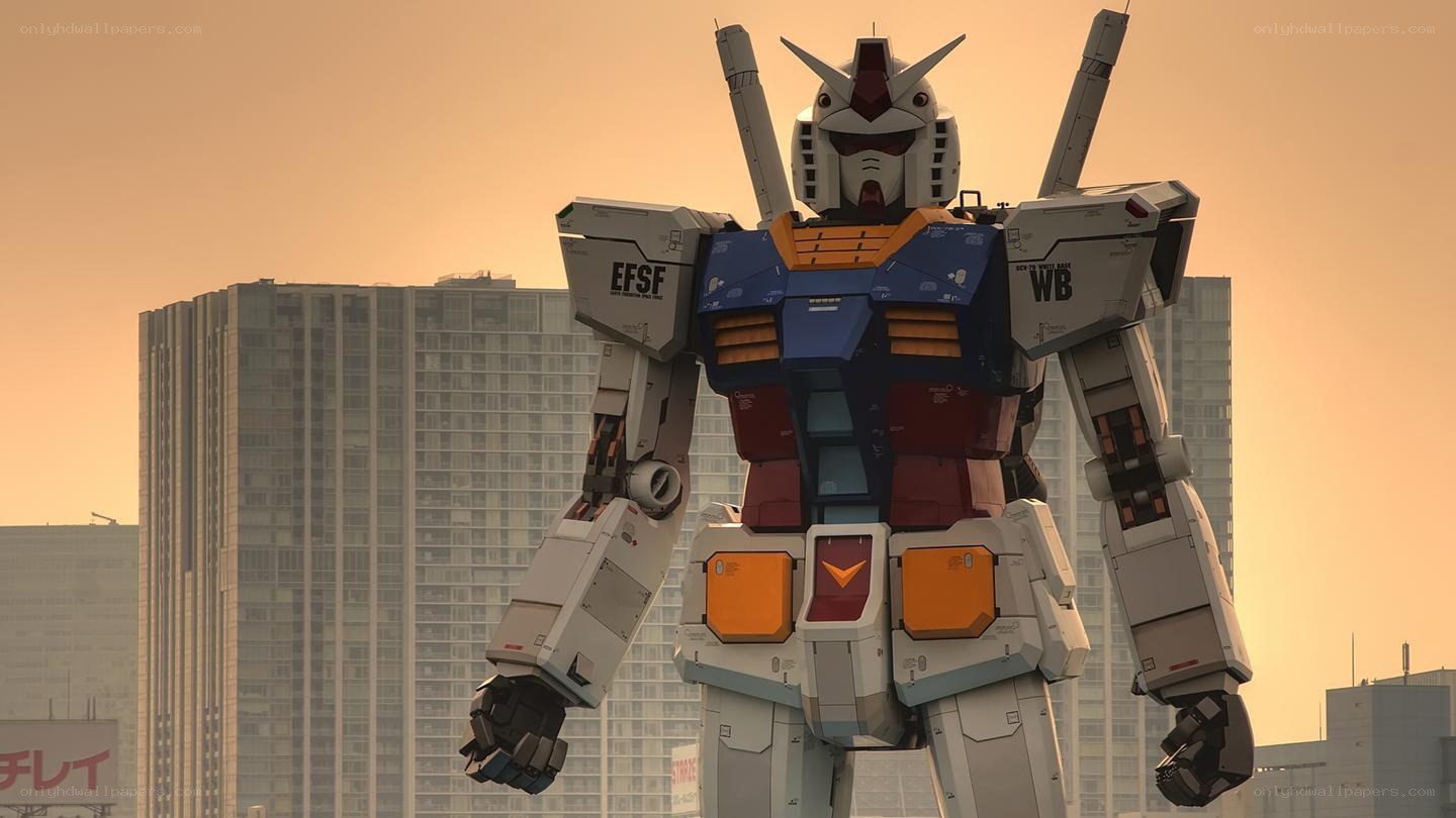 Gundam robot in cityscape