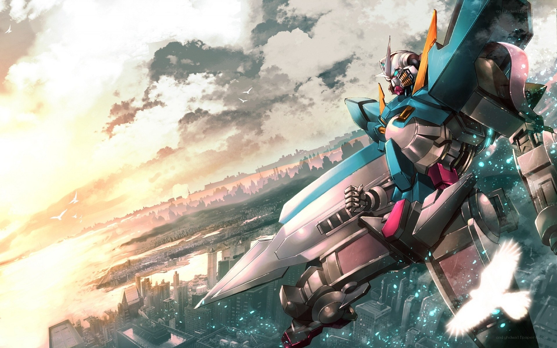 Gundam robot over city