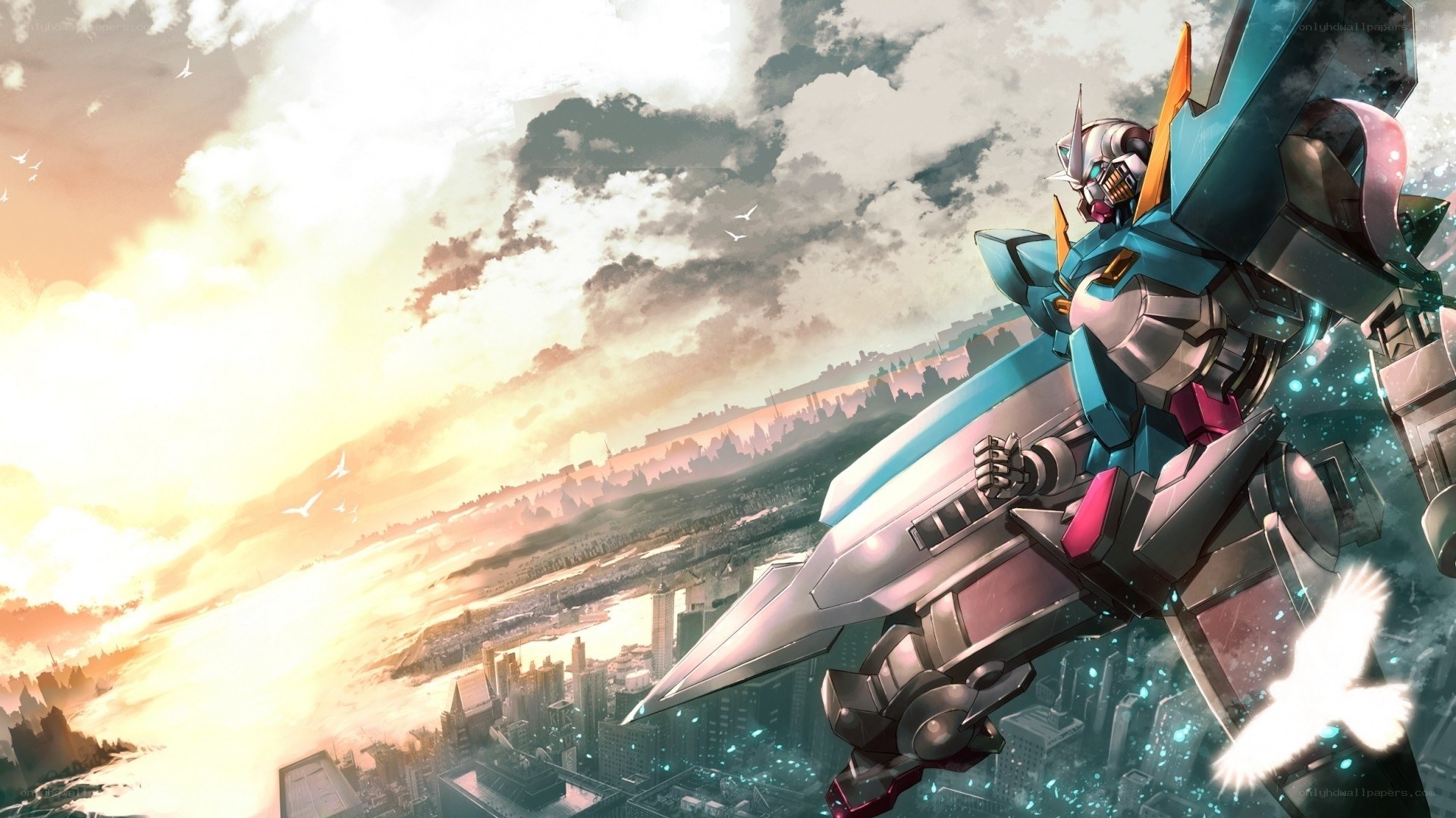 Gundam robot over city
