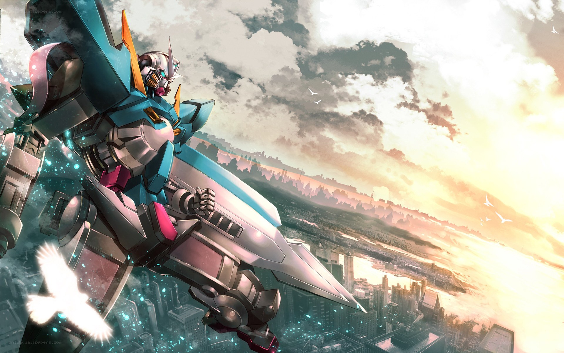 Gundam robot over city