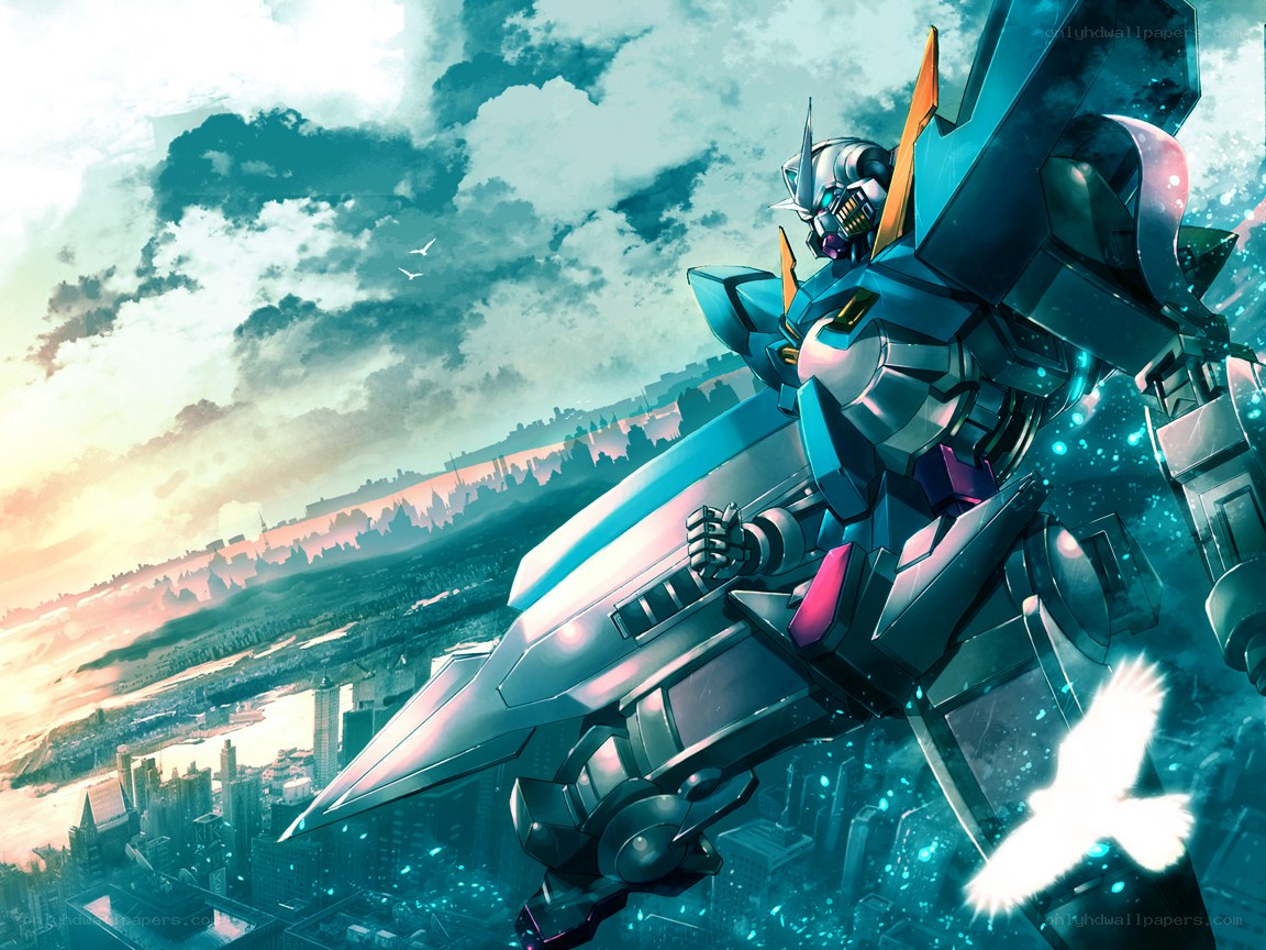 Gundam robot over city