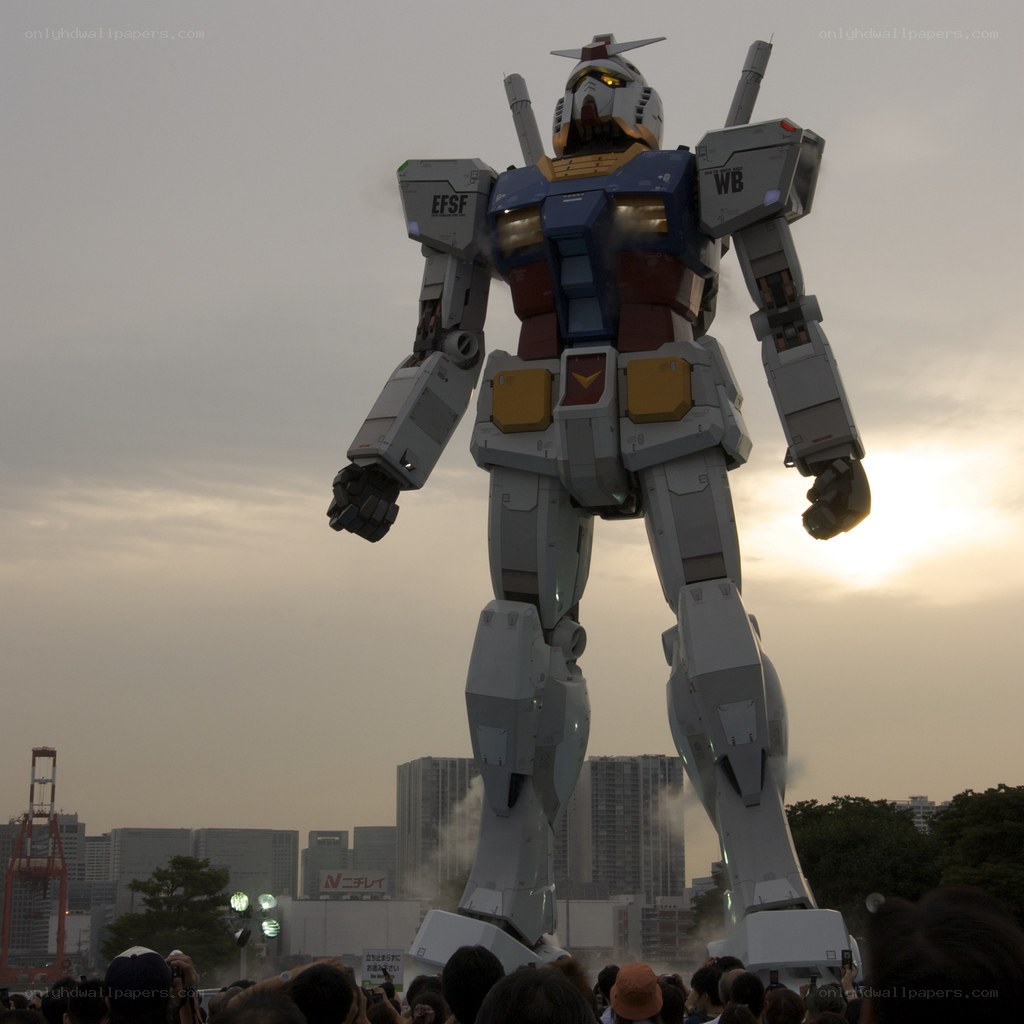 Gundam robot statue at sunset