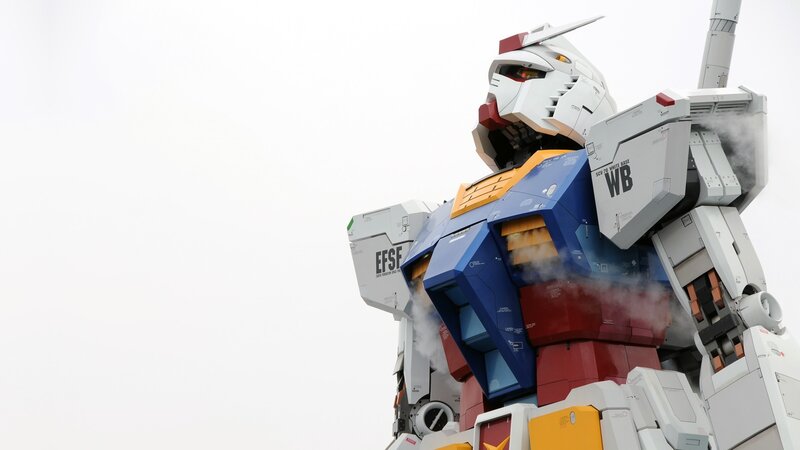 Gundam Robot Statue — White, Dramatic, Photograph, Smoke, Blue