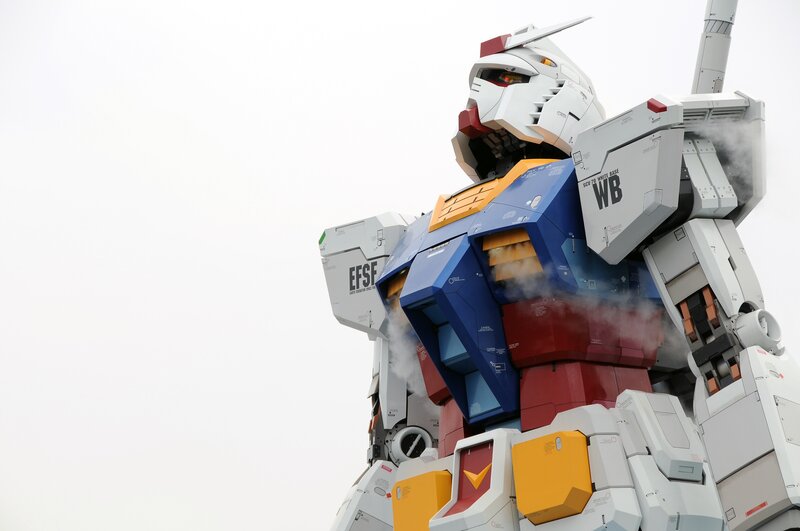 Gundam Robot Statue — White, Dramatic, Photograph, Smoke
