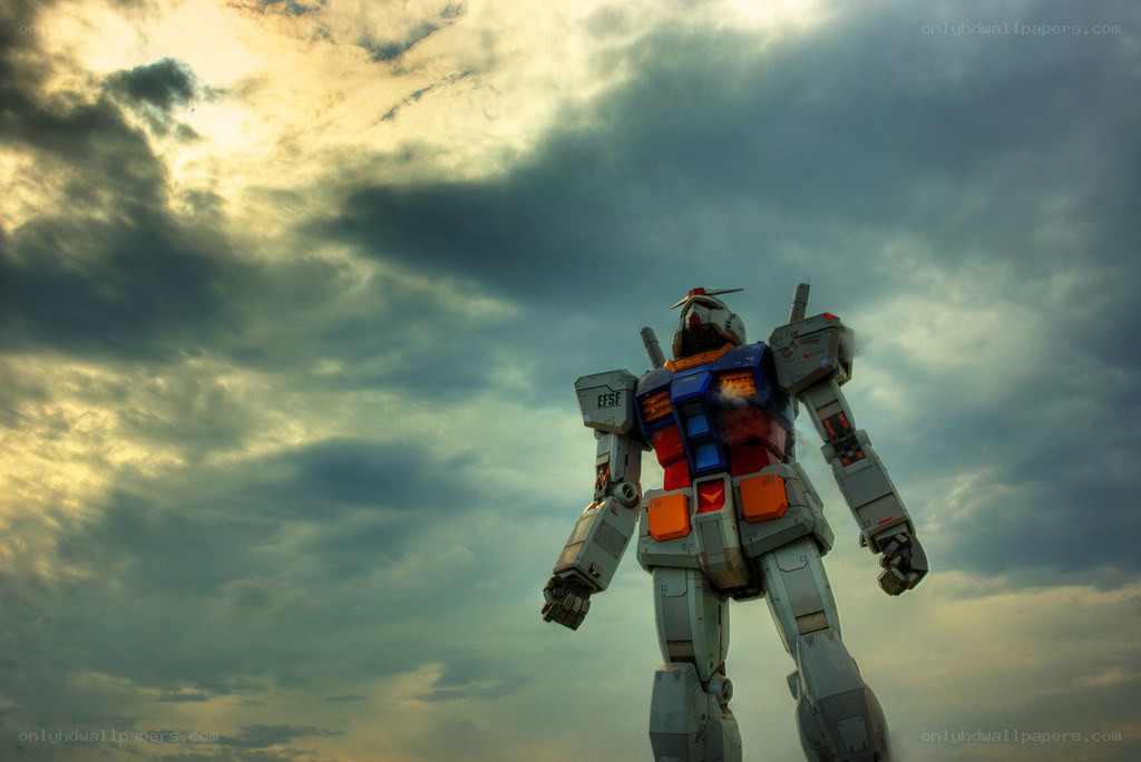 Gundam robot under stormy sky