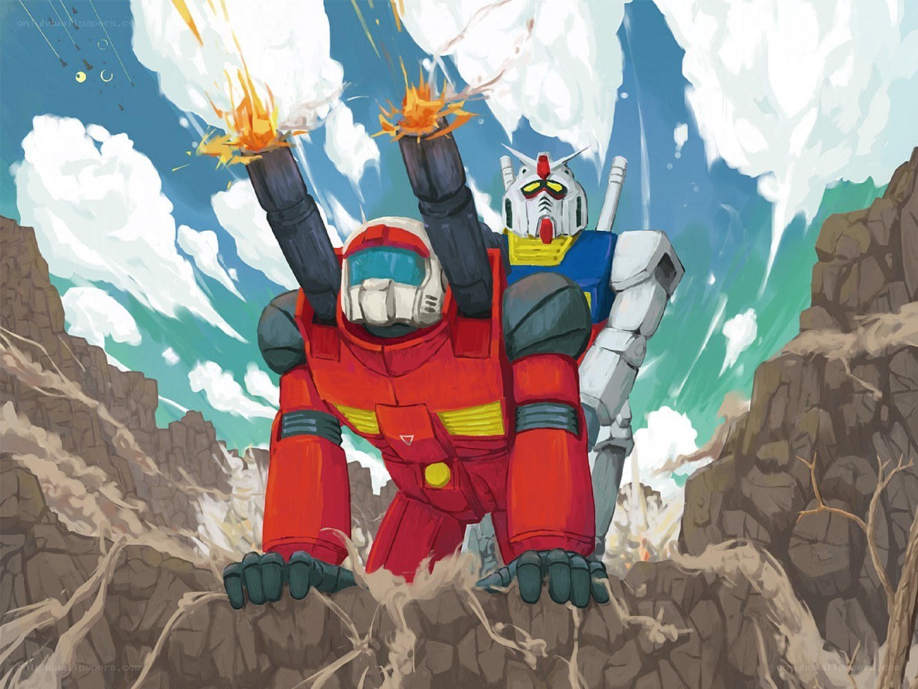 Gundam robots in battle
