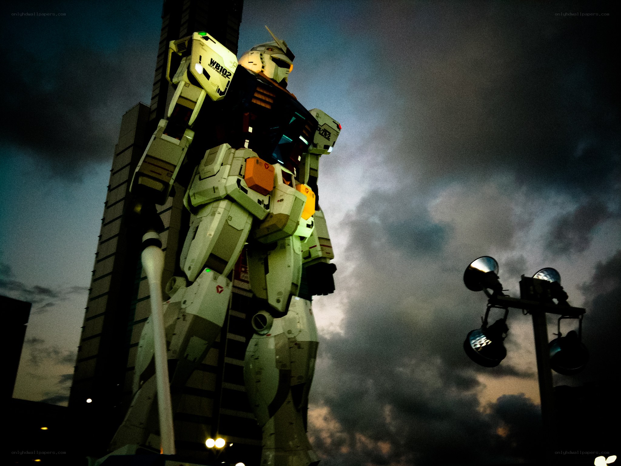 Gundam statue at dusk