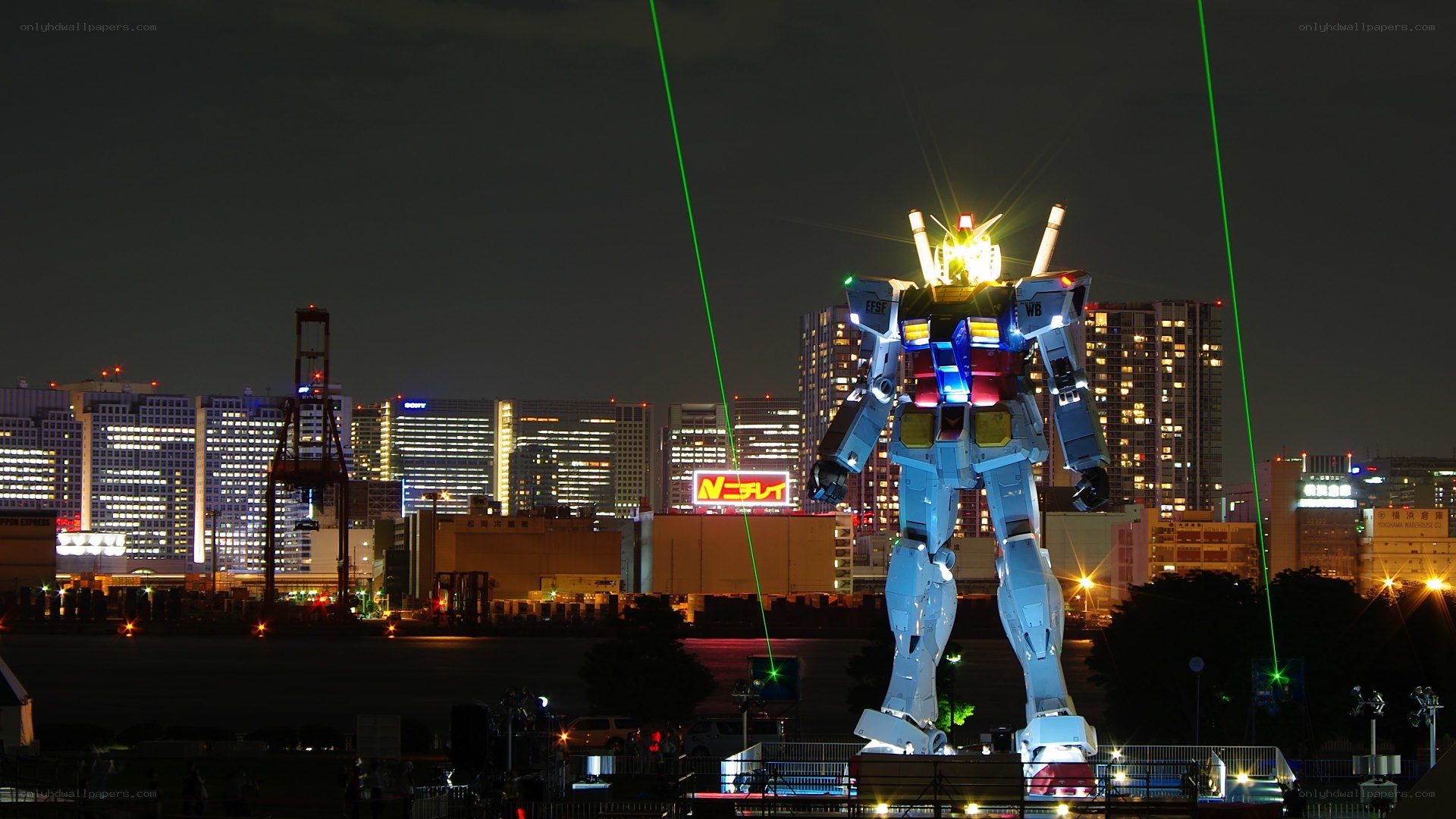 Gundam statue at night