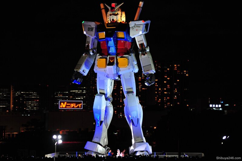 Gundam statue at night