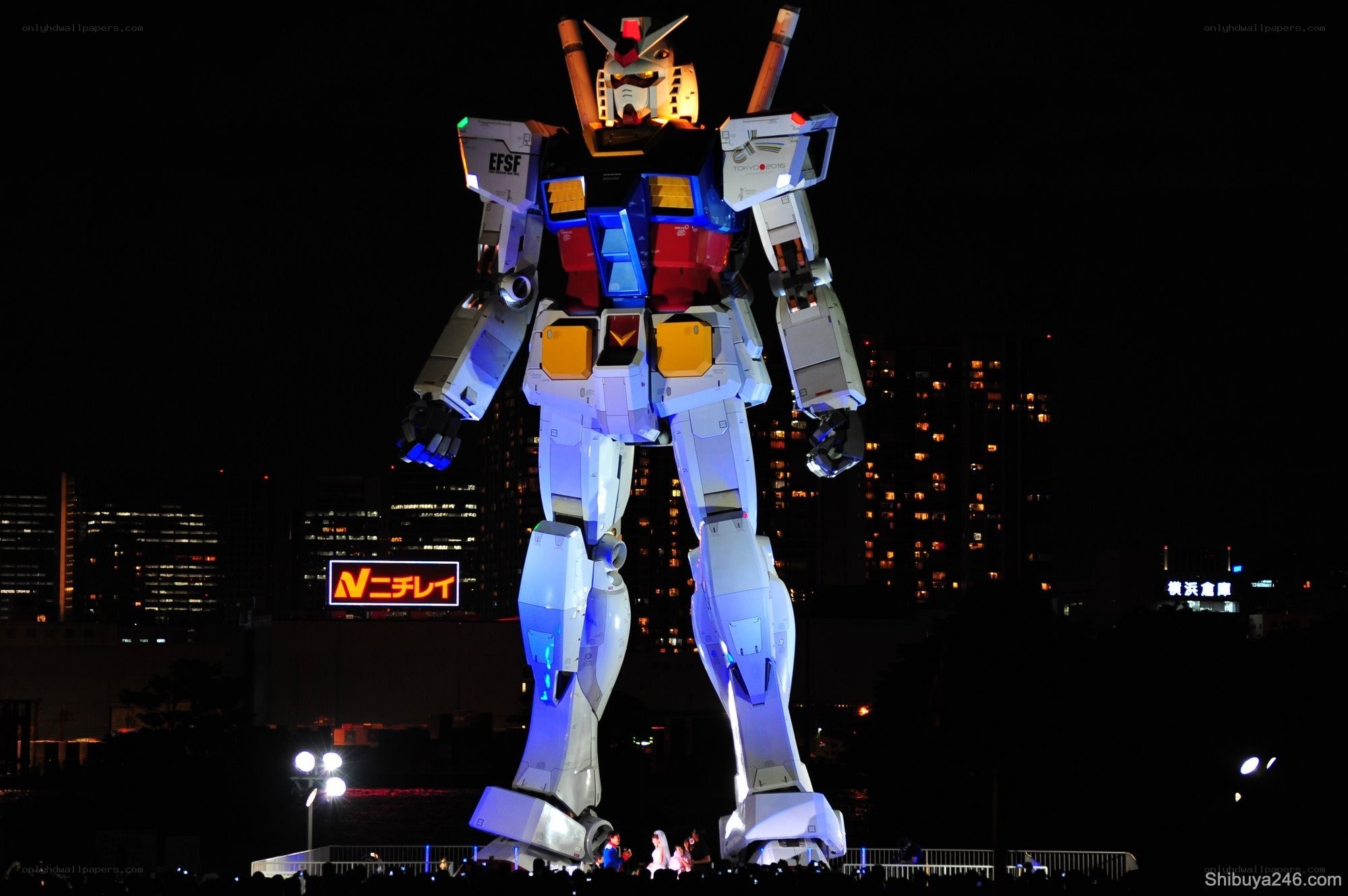 Gundam statue at night
