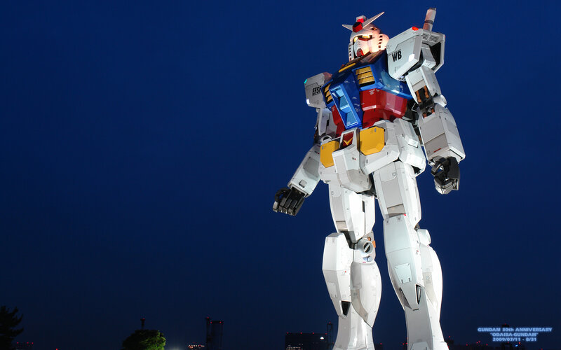 Gundam statue at night