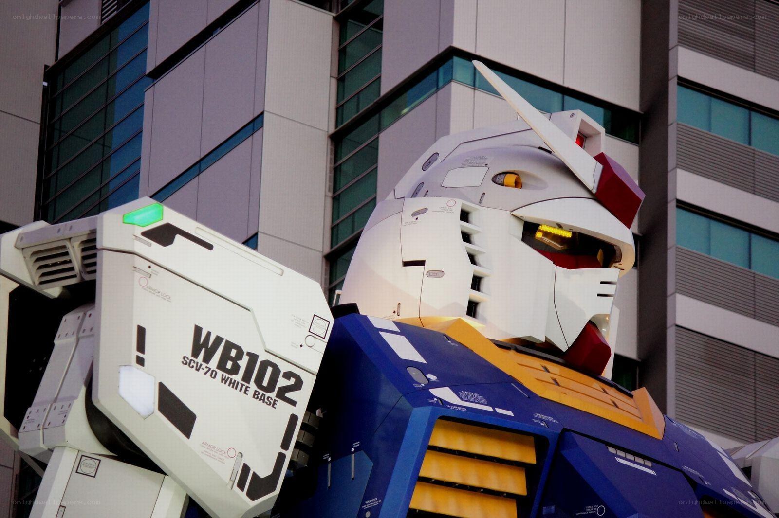 Gundam statue in urban setting