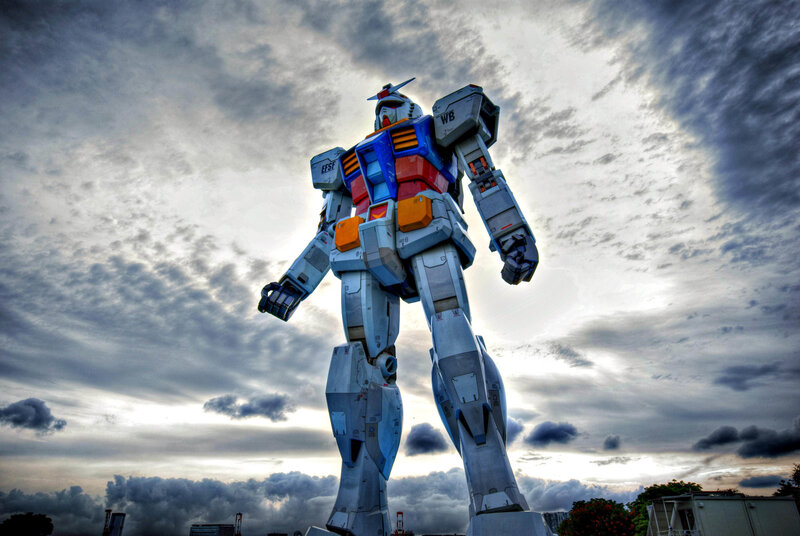 Gundam statue under cloudy sky