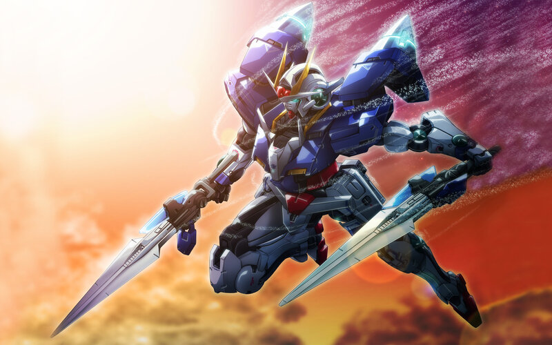 Gundam with swords in sky