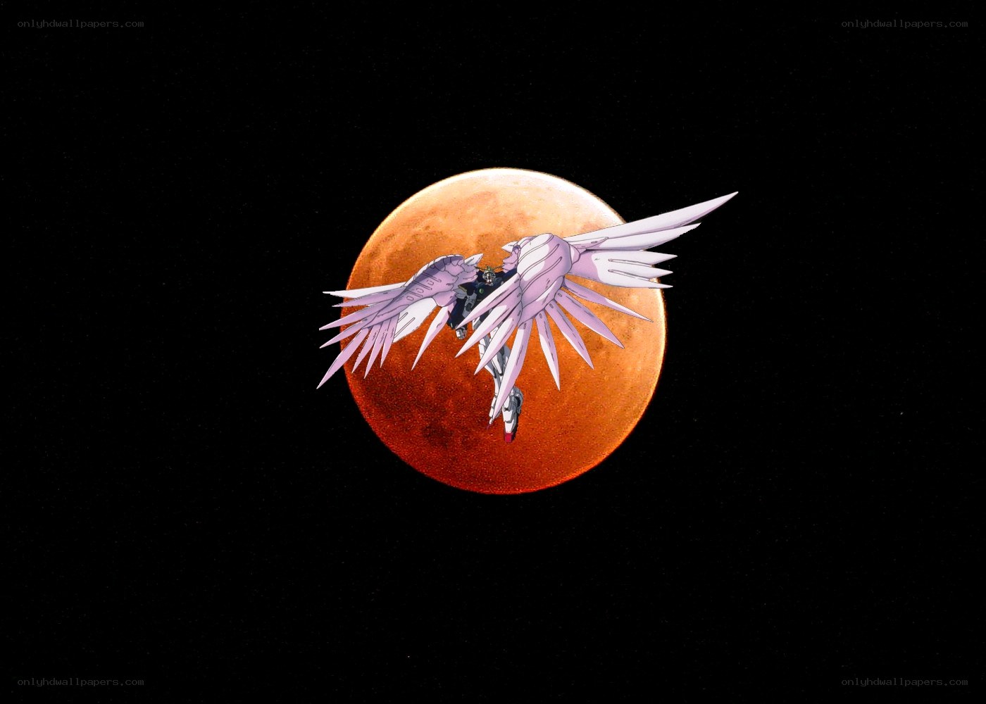 Gundam with wings against red moon