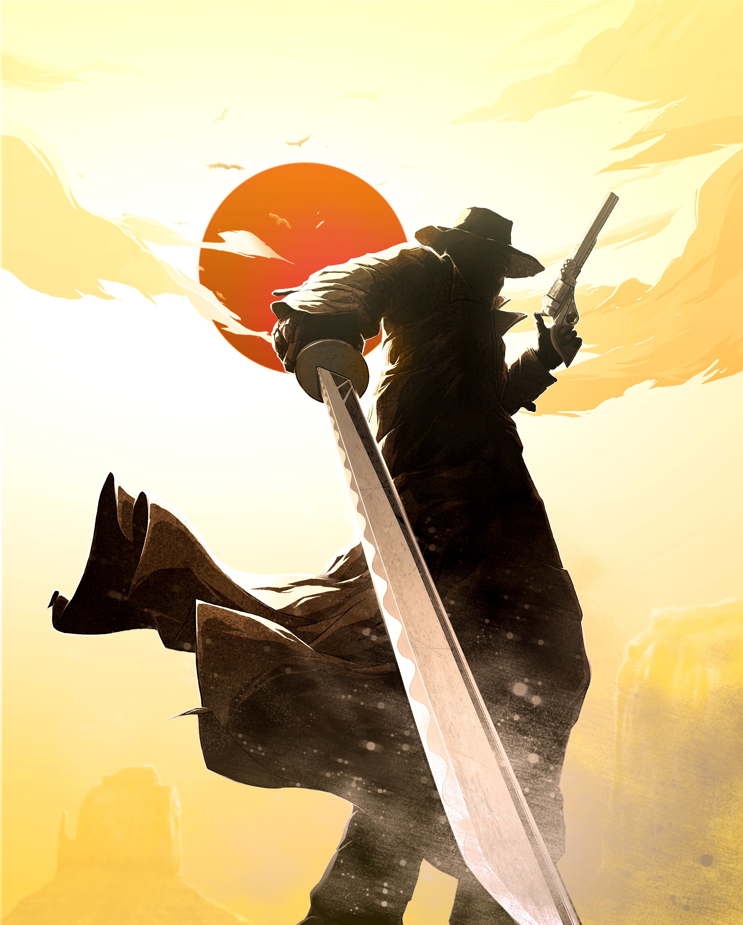 gunfighter with sword at sunset