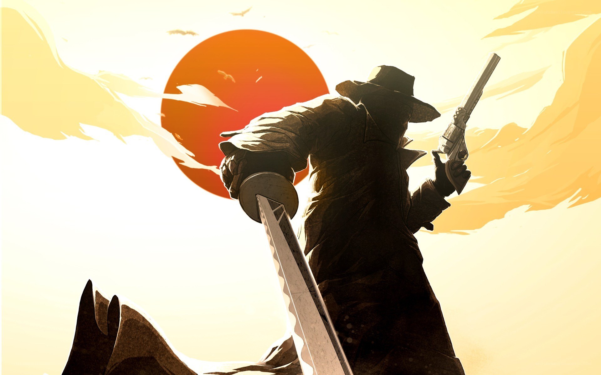 gunman in sunset silhouette