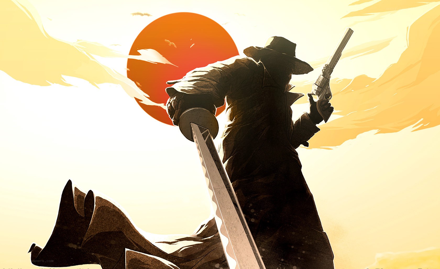 gunman with sword at sunset