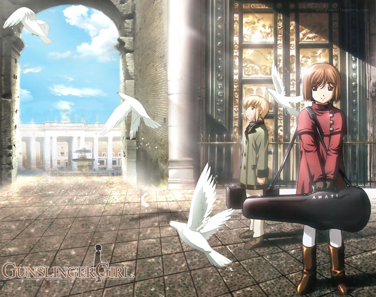 Gunslinger Girl in a courtyard