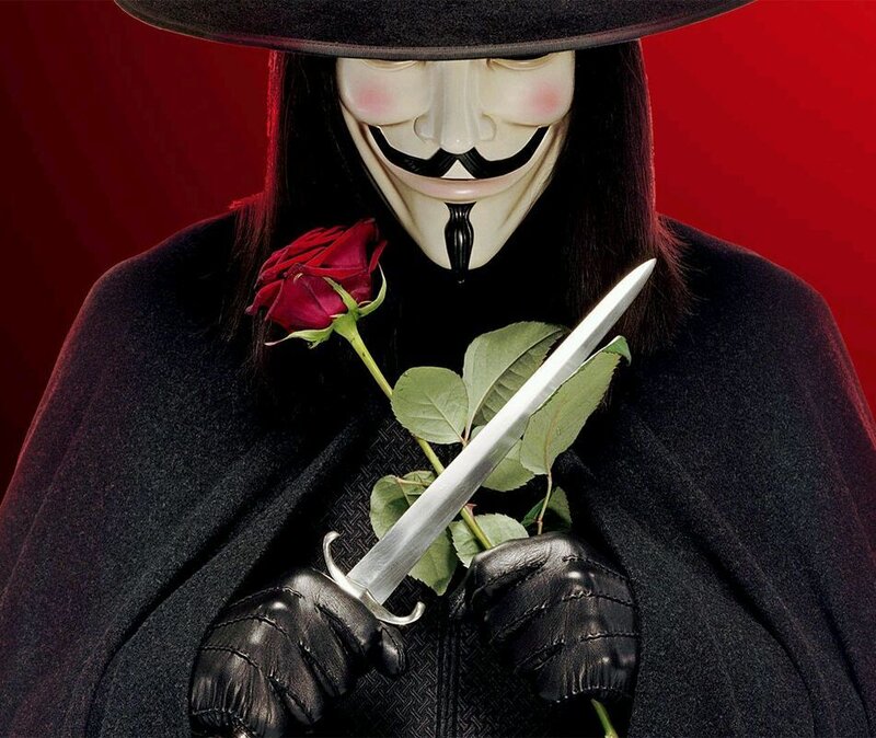 Guy Fawkes mask with rose and dagger