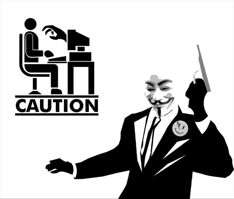 Guy in Guy Fawkes mask with caution sign