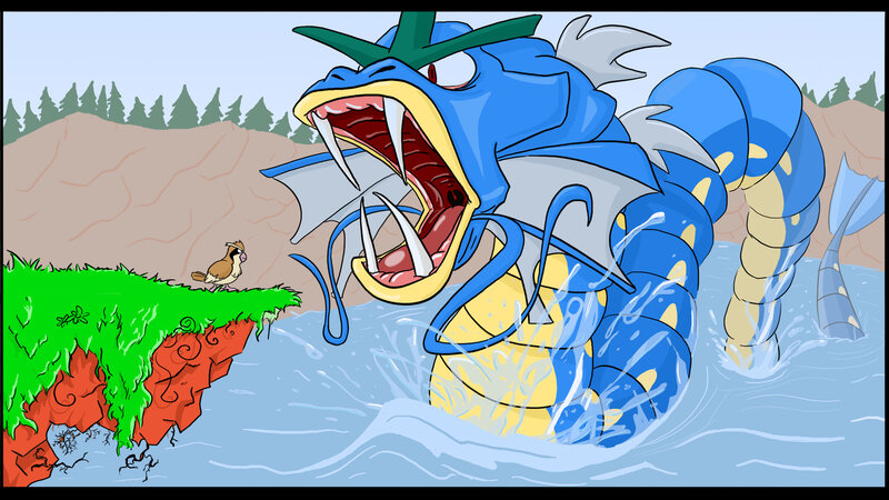 Gyarados attacks near riverbank