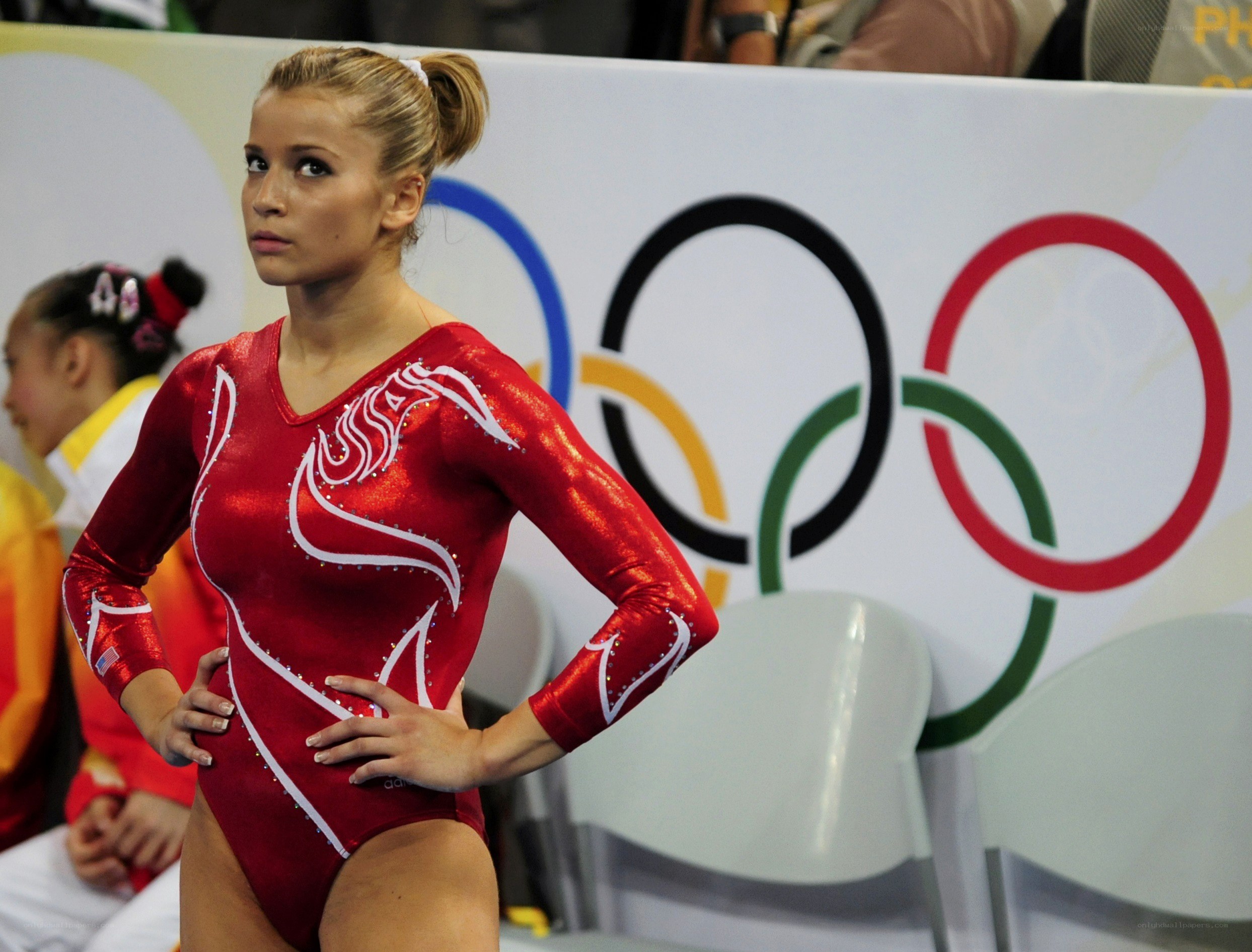 gymnast in red leotard