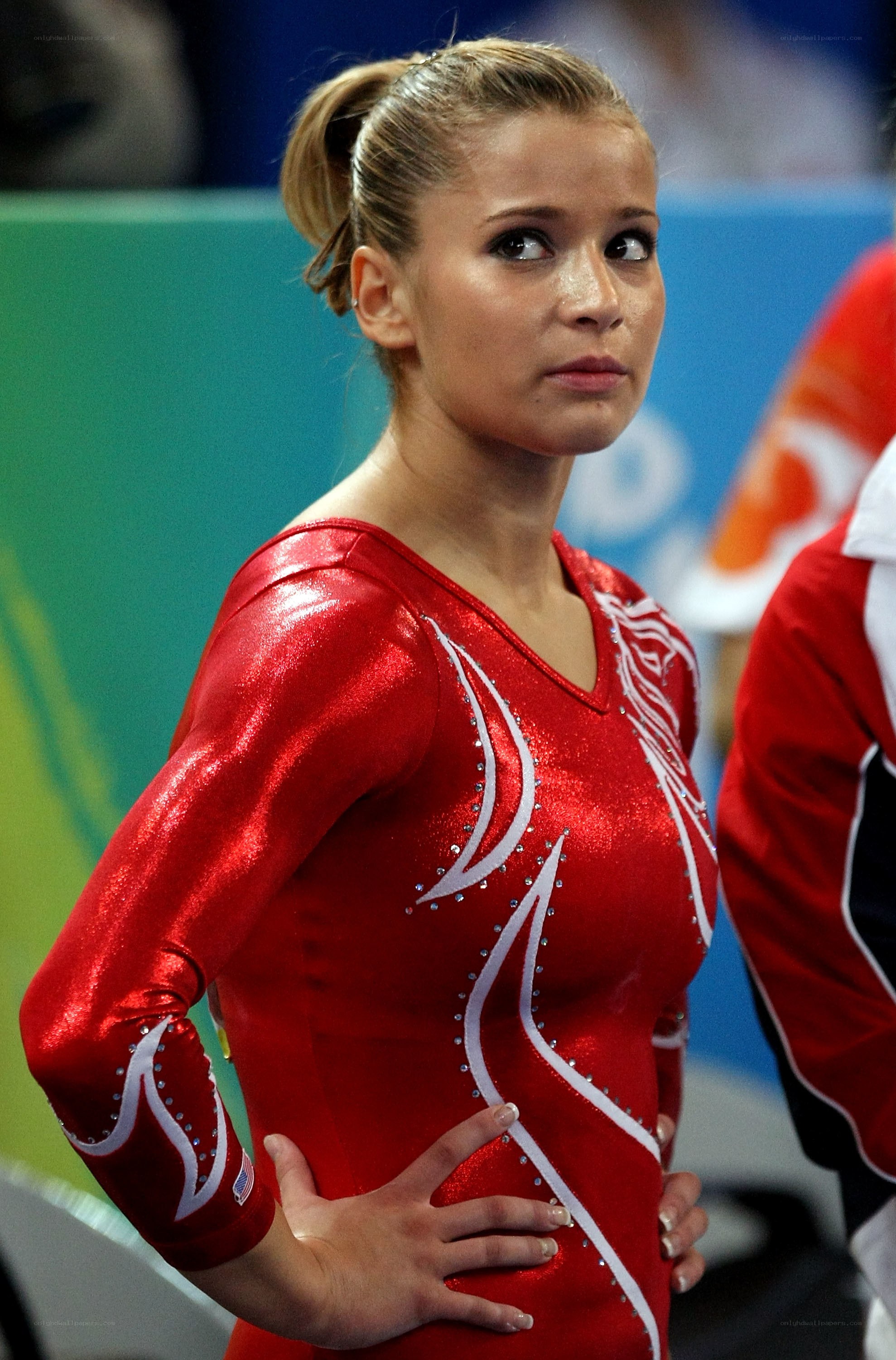 gymnast in red leotard