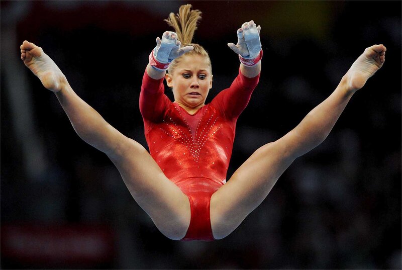 Gymnast in Red Leotard — Focused, Photograph, Gloves