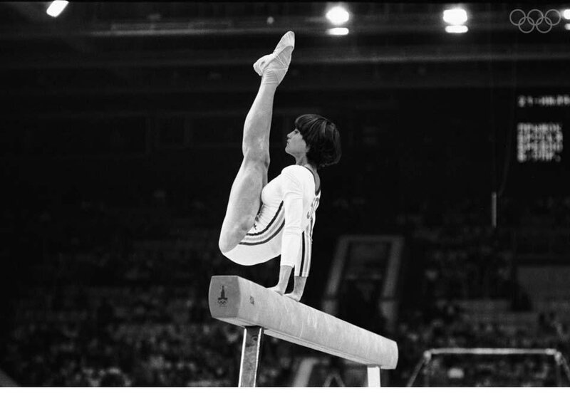 Gymnast on Balance Beam — Black, Focused
