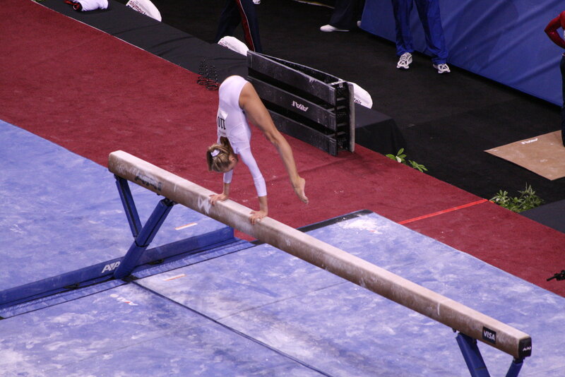Gymnast on Balance Beam — Blue, Focused, Photograph, Balance Beam
