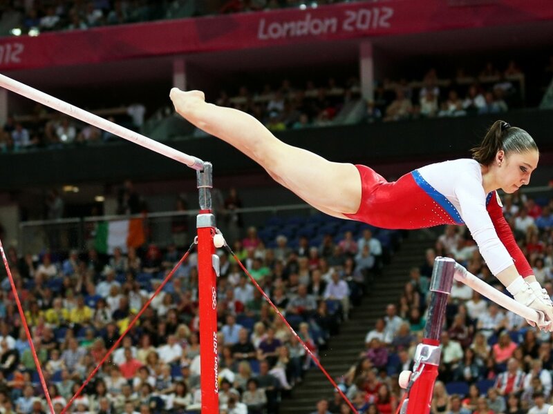 Gymnast on Uneven Bars — Red, Focused