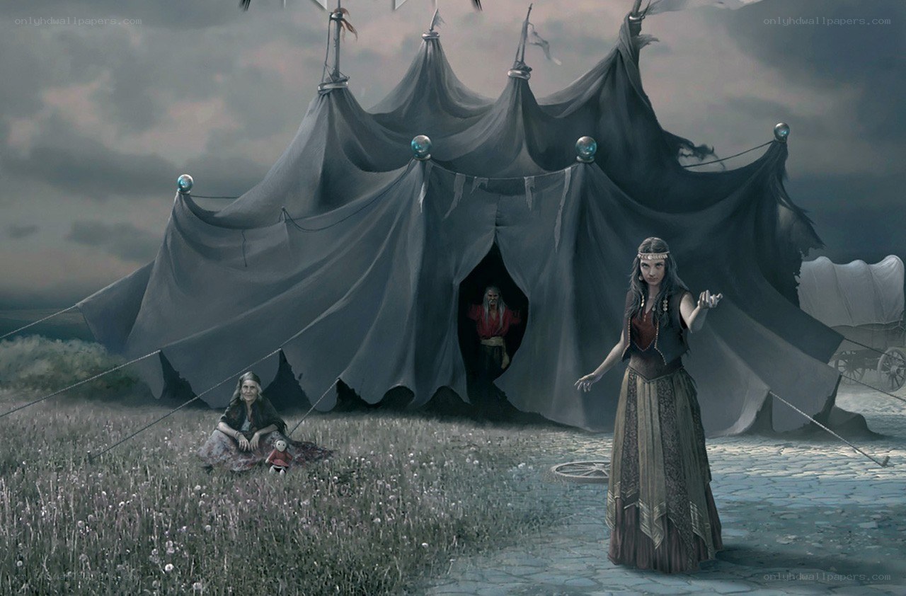 Gypsy camp under stormy sky