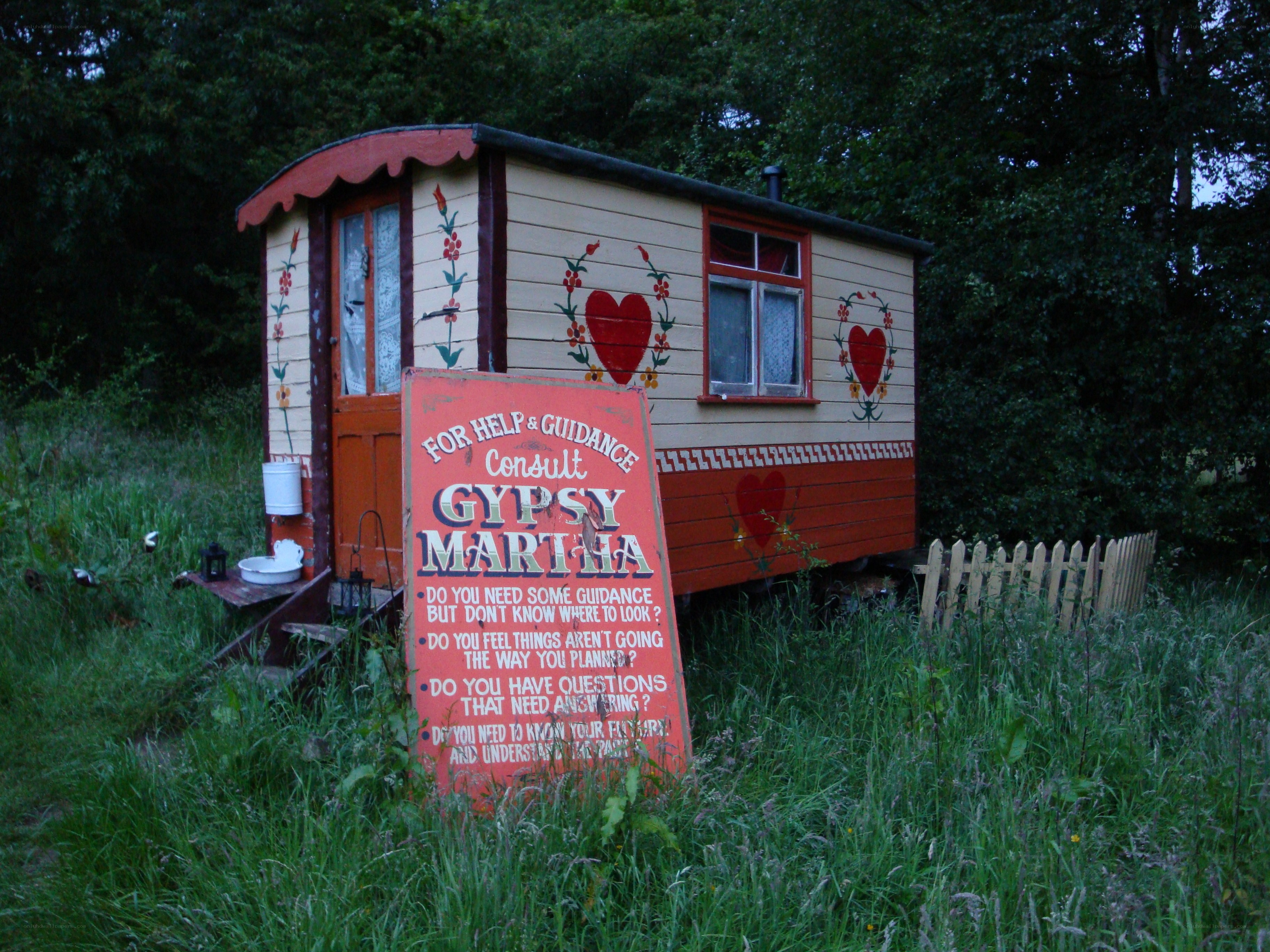 Gypsy caravan with sign