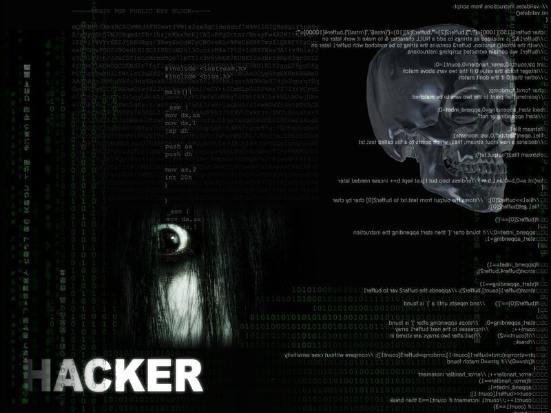 hacker with skull and code