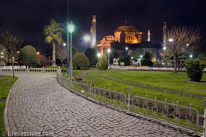 Hagia Sophia at Night — Green, Serene, Photograph, Cobblestone Path