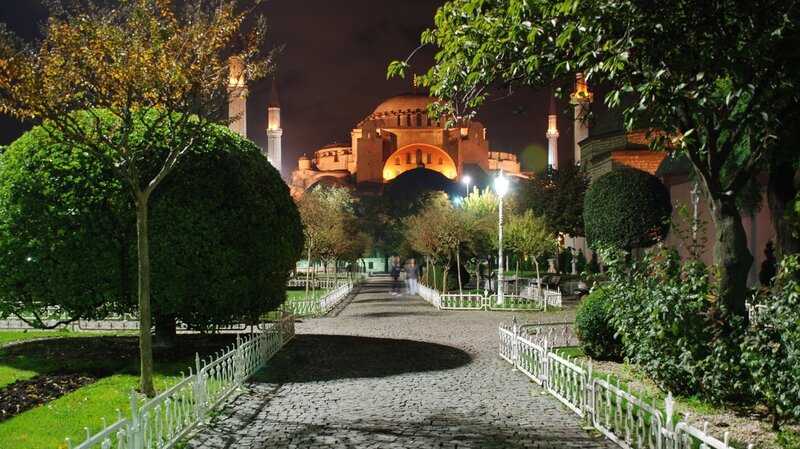 Hagia Sophia at Night — Green, Serene, Photograph, Trees