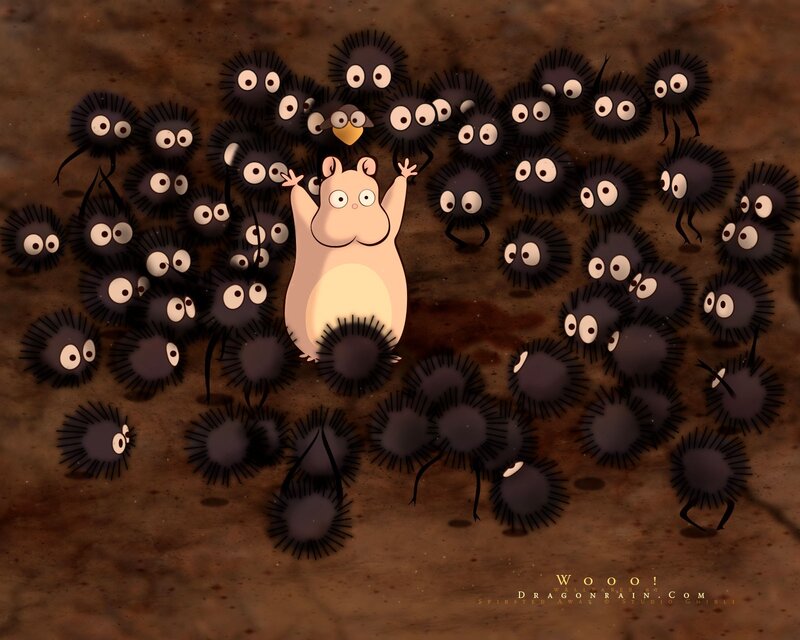 Haku Surrounded by Soot Sprites — Brown, Whimsical, Anime