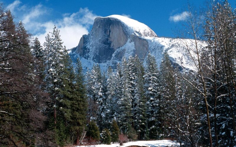 Half Dome in Winter — Blue, Serene, Photograph, Snow, Pine Trees