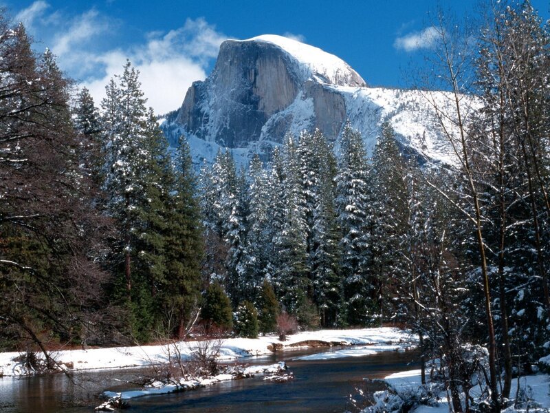 Half Dome in Winter — Blue, Serene, Photograph, Snow, River