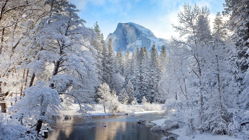 Half Dome in Winter — White, Serene, Photograph, River