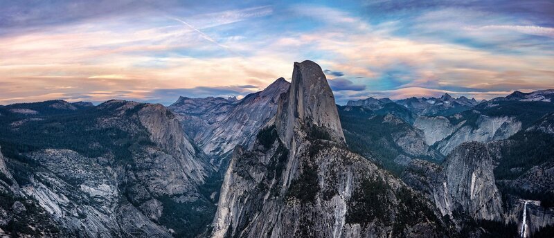 Half Dome in Yosemite — Blue, Dramatic, Sunset, Photograph, Mountains, Forests