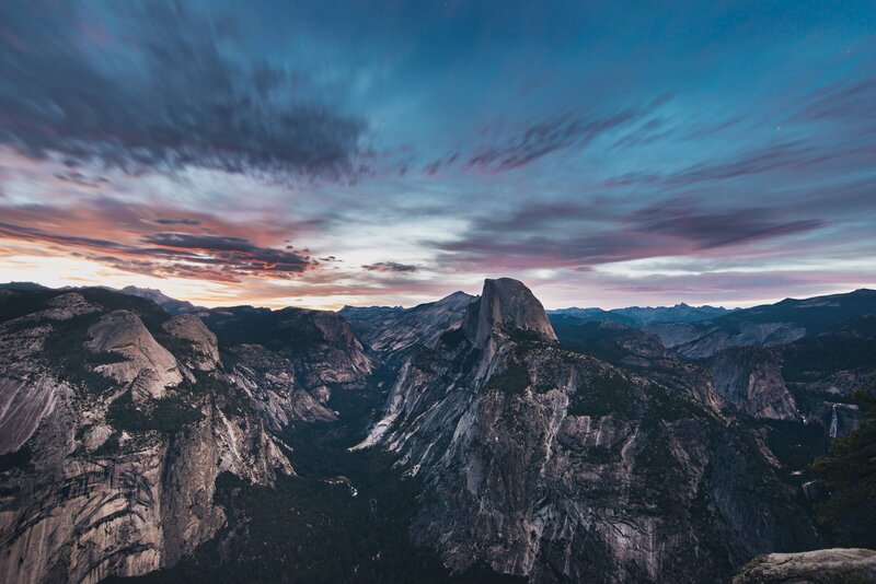 Half Dome in Yosemite — Blue, Dramatic, Sunset, Photograph, Mountains