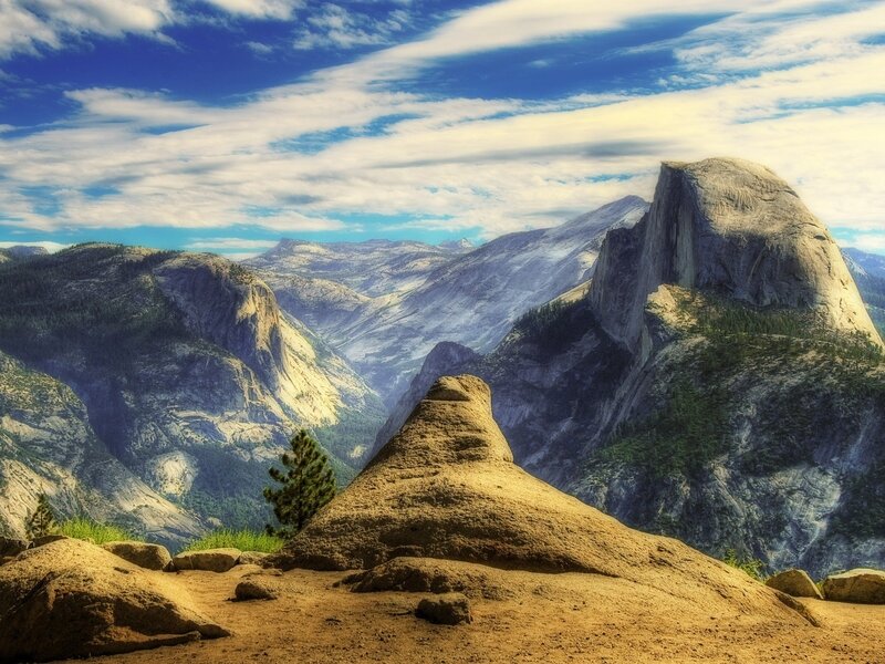 Half Dome in Yosemite — Blue, Serene, Afternoon, Photograph, Mountains, Sky, Trees, Rocks