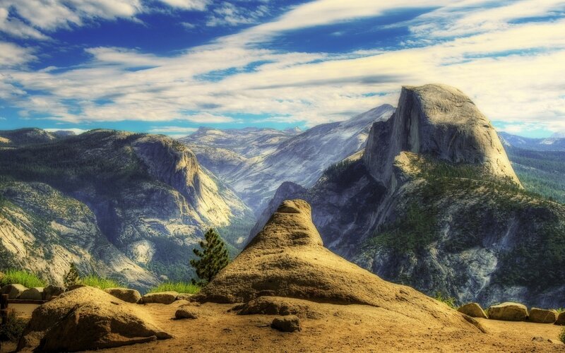 Half Dome in Yosemite — Blue, Serene, Afternoon, Photograph, Mountains, Sky, Trees