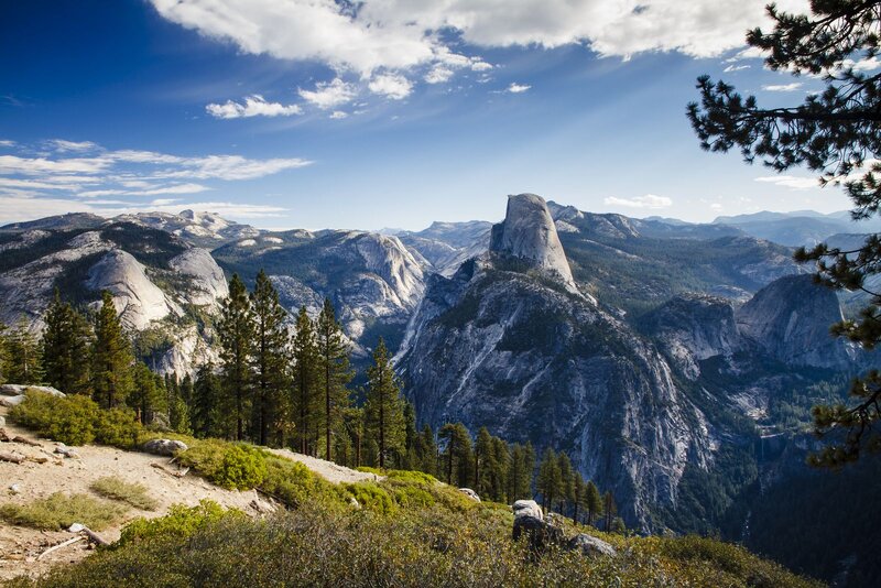 Half Dome in Yosemite — Blue, Serene, Afternoon, Photograph, Mountains, Trees
