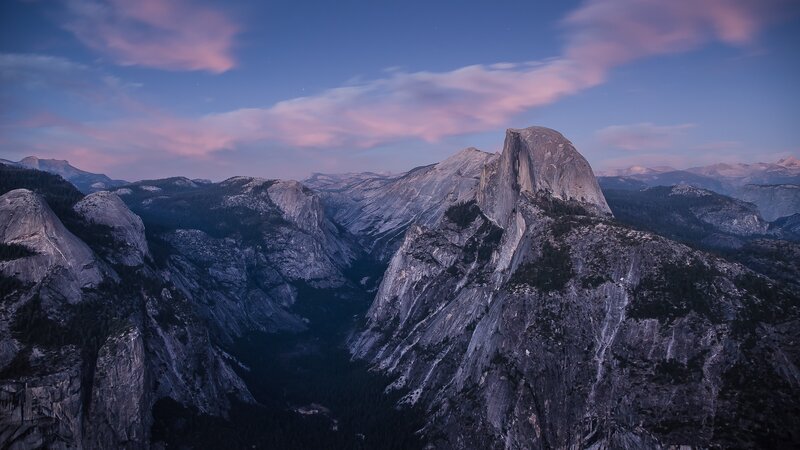 Half Dome in Yosemite — Blue, Serene, Sunset, Photograph